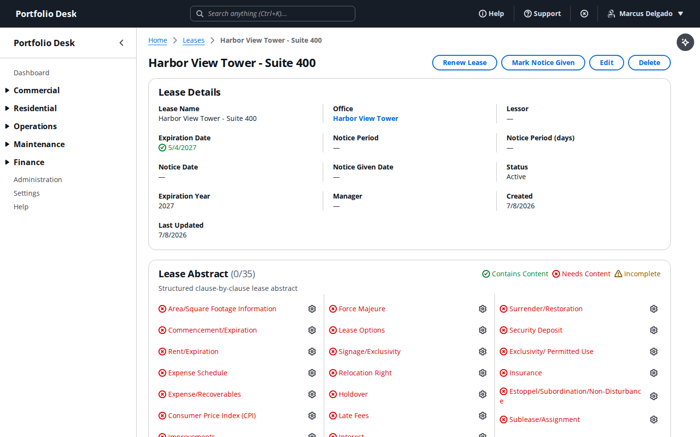 Lease detail page with key dates, notice status and a structured clause-by-clause abstract